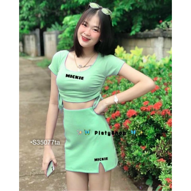 Set Bộ Váy Body Nữ, Set Áo Croptop Mickey Rút Dây Chân Váy Ôm Lưng Cao Xẻ Đùi ,Vải Thun Bozip Co Dãn (Đồ Bộ Giá Rẻ)