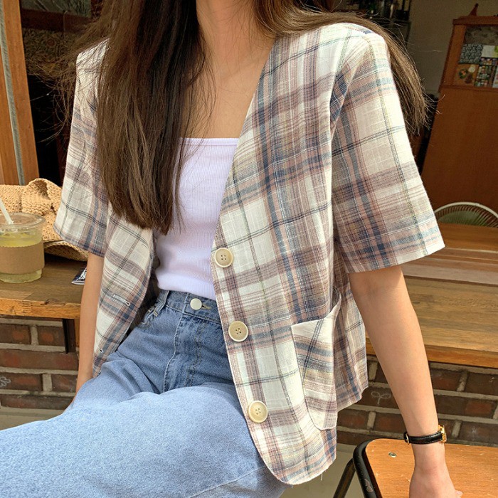 Áo Vest Blazer 3 cúc Cổ V Form rộng Phối túi Kẻ sọc caro Áo Vest Blazer nữ Ngắn tay Ulzzang Hàn Quốc Thời trang | BigBuy360 - bigbuy360.vn