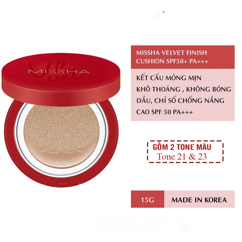 Phấn nước Missha V.elvet Finish Cushion kiềm dầu, mỏng min, che phủ tốt - HONGS BEAUTY