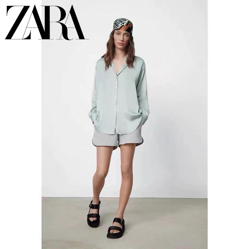 Zara Áo Sơ Mi Vải Lụa Satin Màu Trơn Thiết Kế Thanh Lịch Cho Nữ