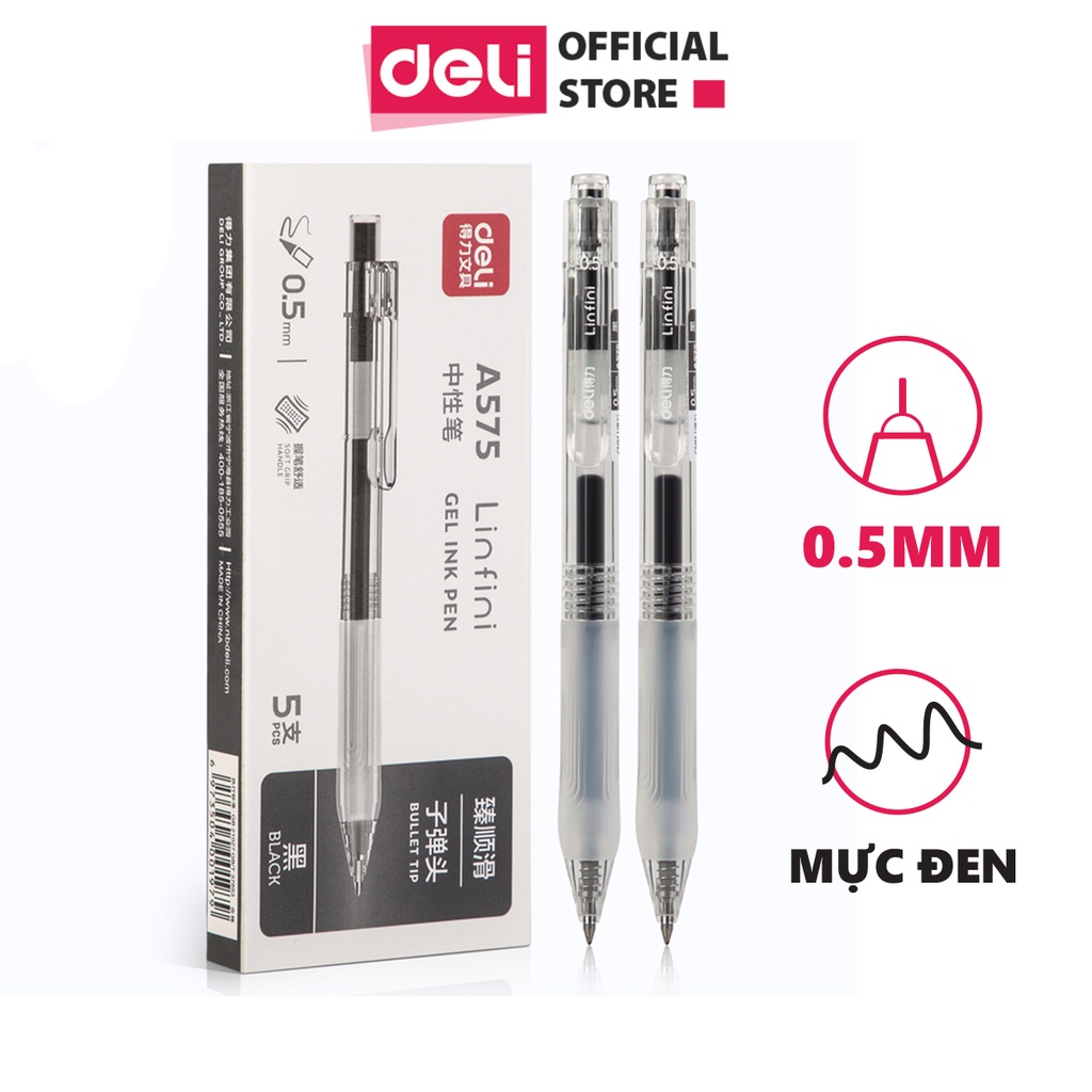 Bút bi gel bấm văn phòng Deli mực đen ngòi 0.5mm học sinh mực đều nét chữ đẹp A575 - có ruột xanh thay thế