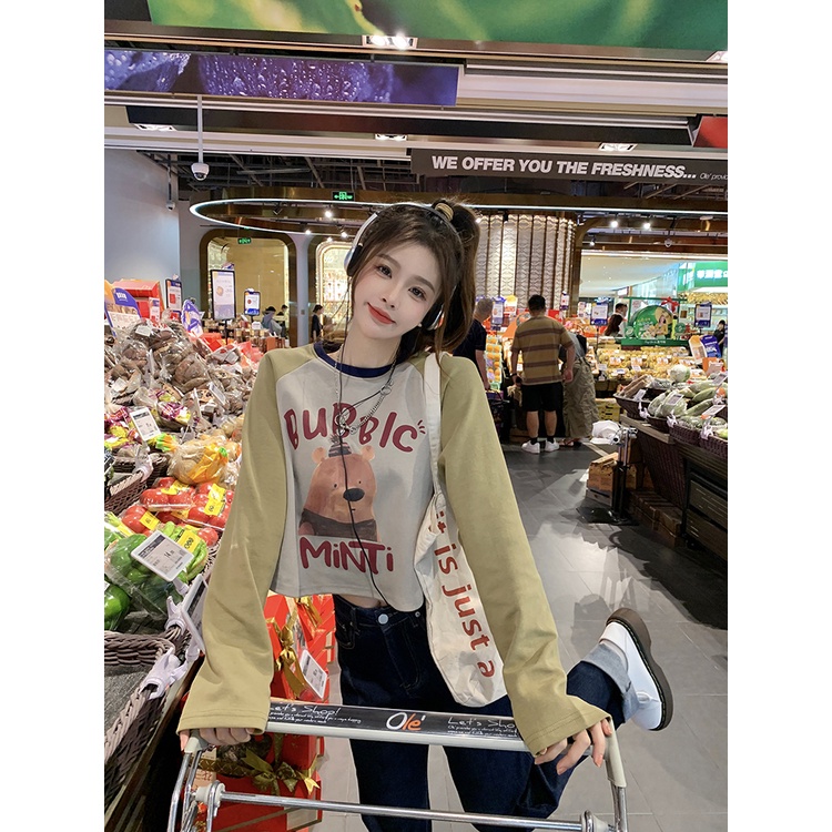 Áo Croptop Len Tay Dài Cổ Tròn In Hình Gấu Màu Sắc retro Dành Cho Nữ