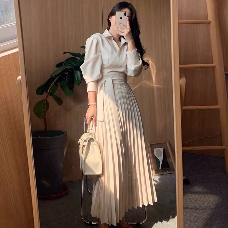 Đầm sơ mi liền thân chân xếp ly thanh lịch thắt dây eo