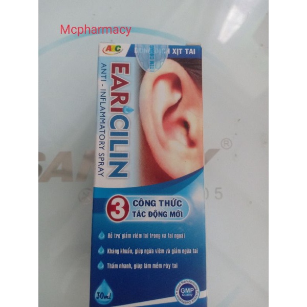 Dung dịch xịt tai Earicilin hỗ trợ điều trị viêm tai giữa, tai ngoài, làm mềm ráy tai, chống ngứa tai C/30ml