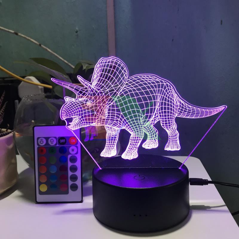 Đèn ngủ, Đèn trang trí Led 3D, Đèn ngủ 16 màu mini có điều khiển hình Khủng Long Triceratops