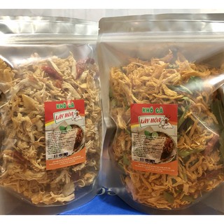 Combo 500gr Khô gà cay Lày Hòa: gồm 1 túi bơ tỏi 250gr và 1 túi lá chanh 250gr