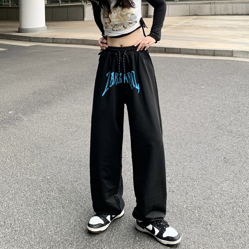 SUXI Quần Dài Lưng Cao Ống Rộng Màu Đen In Họa Tiết Monogram Thời Trang Cho Nữ