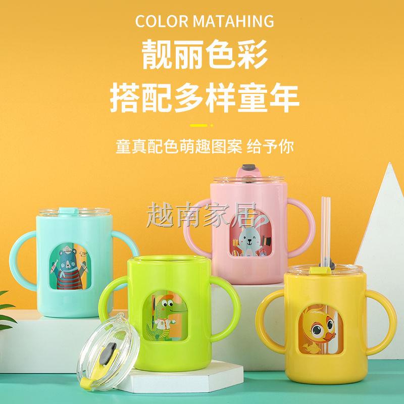 Cốc Thủy Tinh Uống Sữa Có Tay Cầm Và Ống Hút Chịu Nhiệt Độ Cao Chống Rơi Cho Bé Kính
