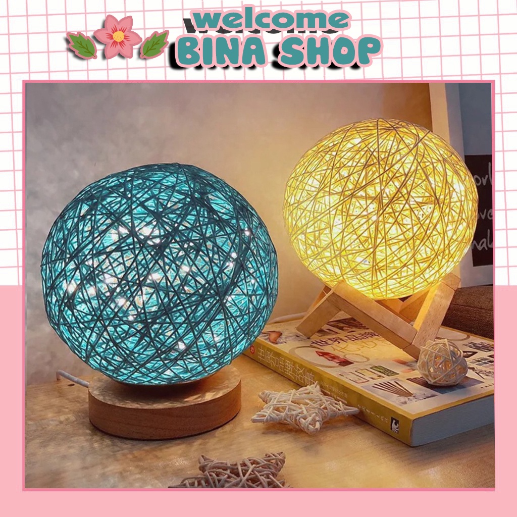 Đèn ngủ để bàn cầu mây đế gỗ cao cấp - Điều chỉnh được độ sáng - Có 4 màu tùy chọn
