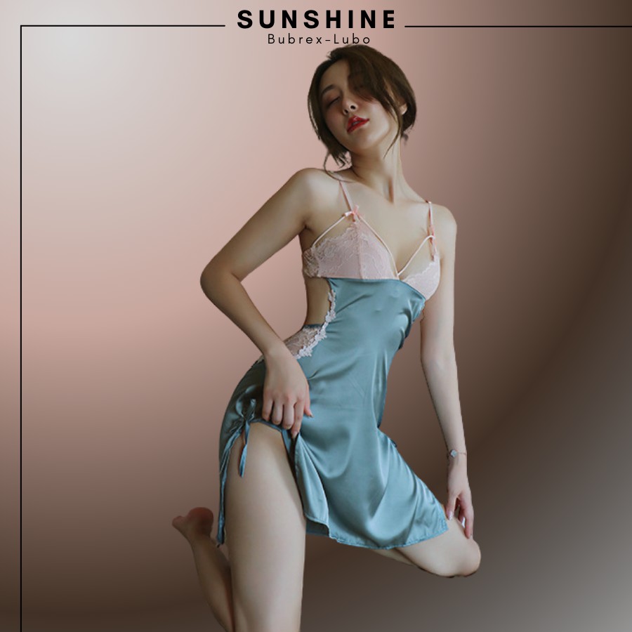 Váy Ngủ Lụa Phối Ren Mỏng Thiết Kế Dây Lưng Sexy Gợi Cảm Màu Xanh Sunshine Lubrexlubo VL1050