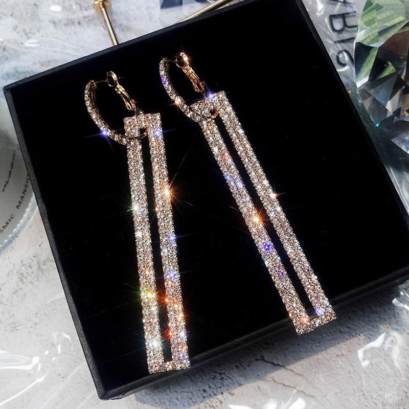 Đôi bông tai dài hình chữ nhật nạm đá