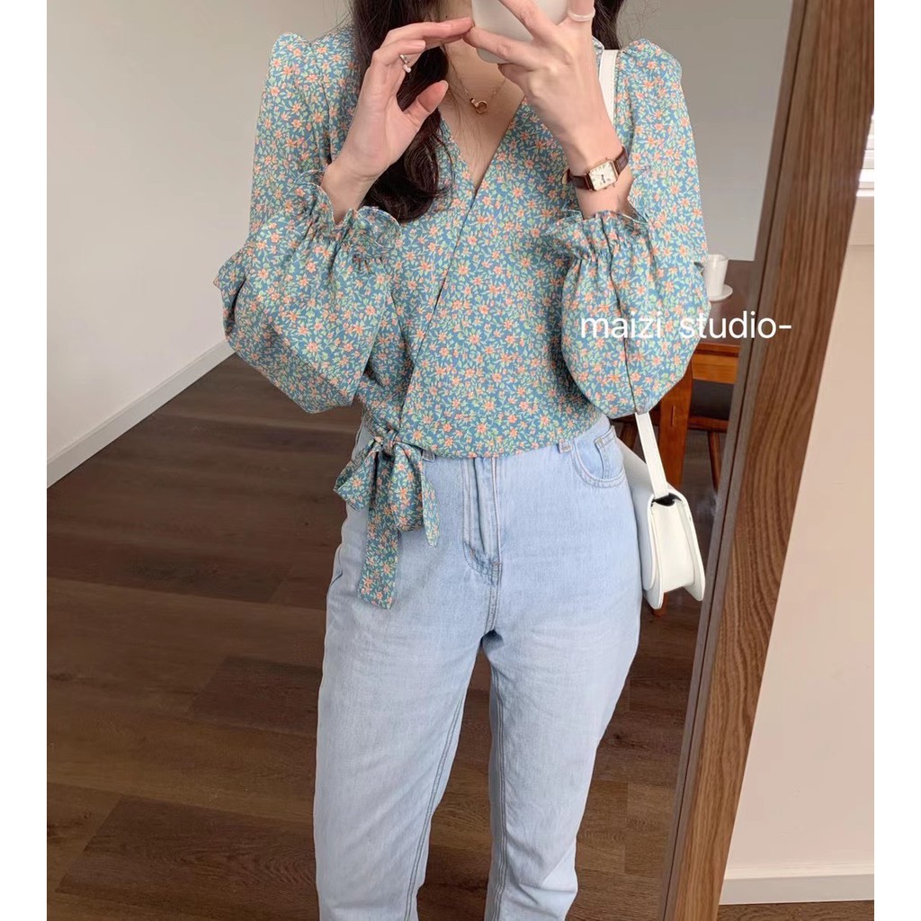 Áo Hoa Nhí Vạt Chéo Buộc Nơ Xinh Xắn! Ulzzang style Hàng Quảng Châu