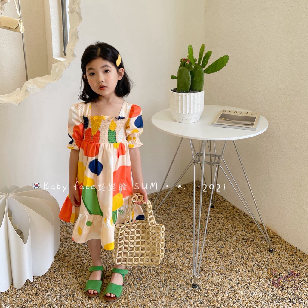 Đầm tay phồng cổ vuông in họa tiết thắt nơ phong cách Hàn Quốc thời trang dành cho bé gái