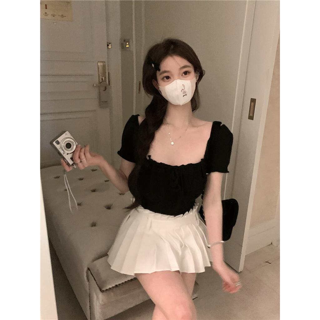 Áo Len Tay Ngắn Cổ Vuông Dáng Ôm Thời Trang Cho Nữ