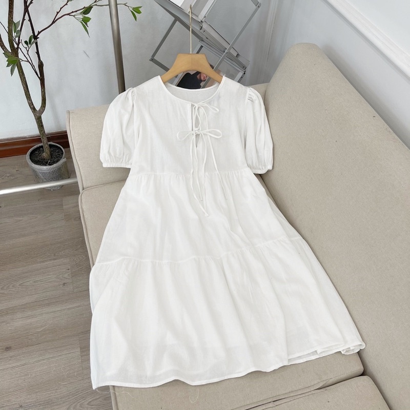 váy babydoll nữ cộc tay buộc dây ngực, đầm nữ ngắn vải đũi siêu dễ thương