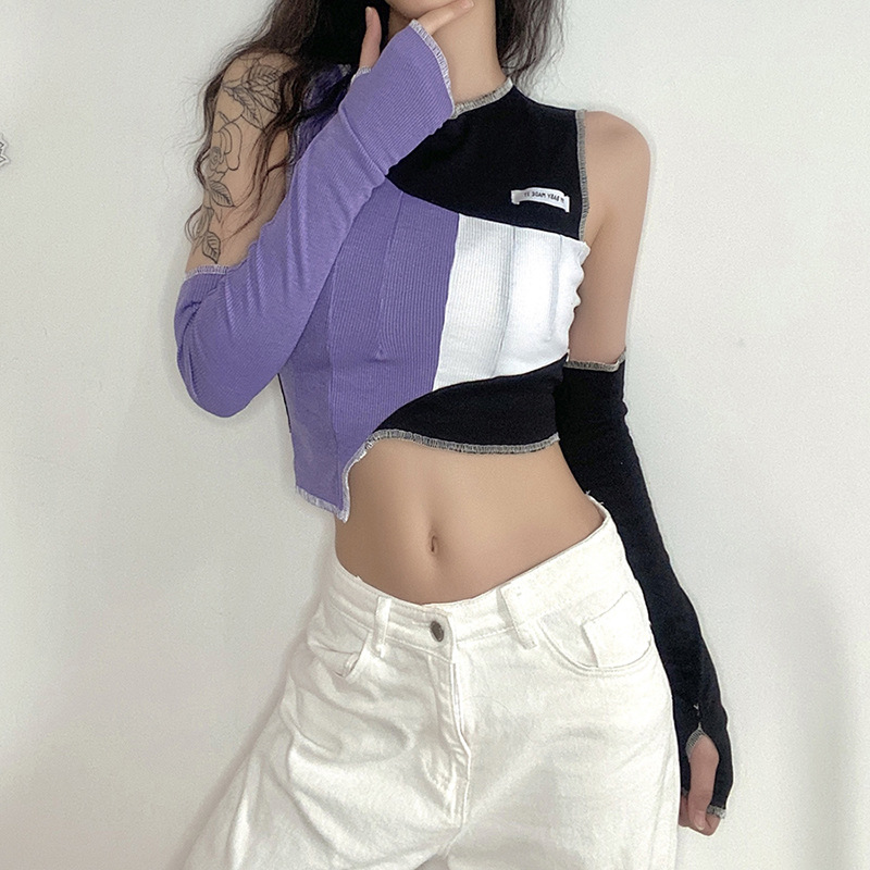 DUNEA Áo croptop cổ tròn phối màu tương phản sành điệu cho nữ