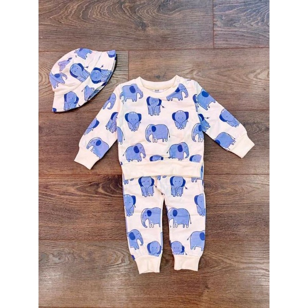 Bộ nỉ cá HM xuất họa tiết voi xanh tặng kèm mũ tai bèo cho bé trai 1-6y