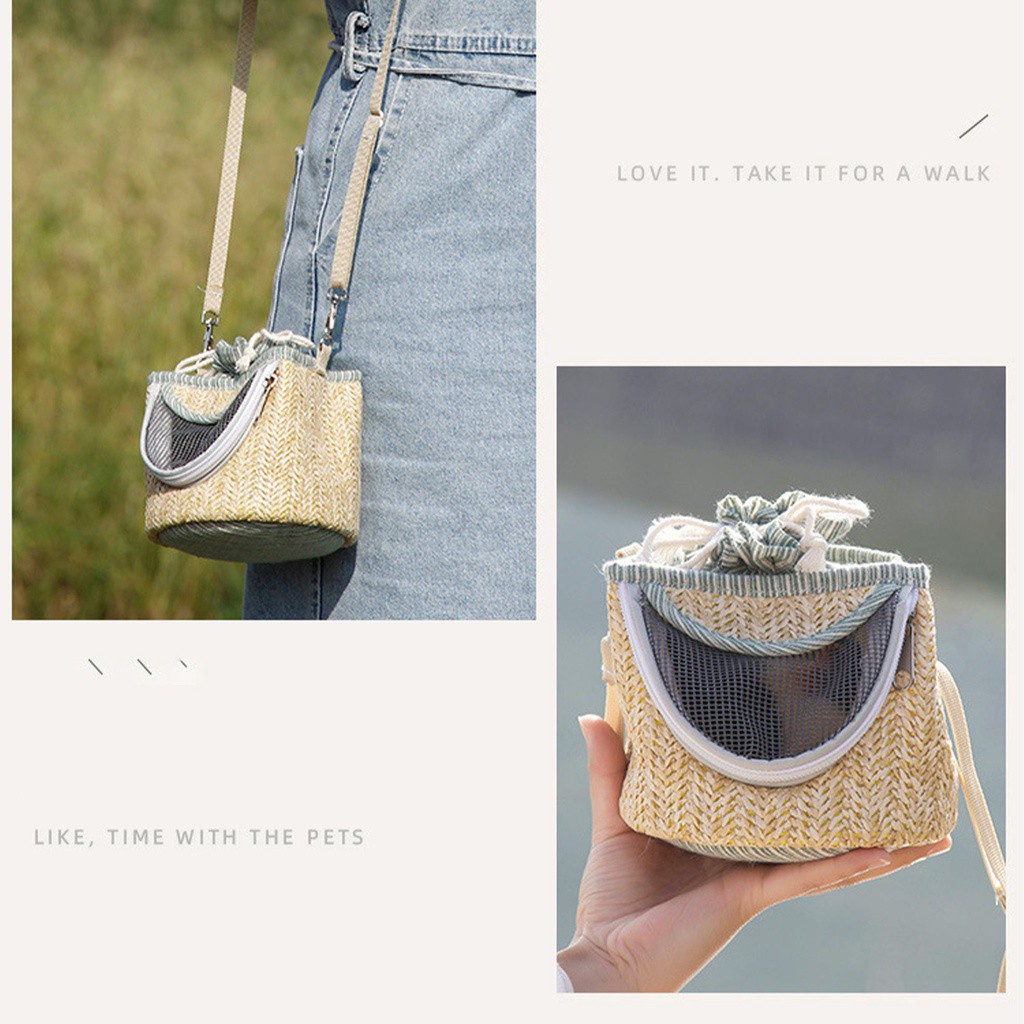 Túi Đeo Vai Bằng Rơm Phối Lưới Thoáng Khí Màu Sắc Cà Phê Cho Hamster/ Sóc/ Thú Cưng