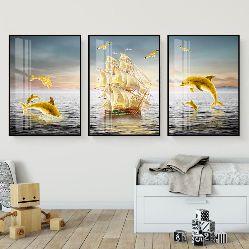 Tranh Laminate Tráng Gương - Tranh Treo Tường Phòng Khách, Phòng Ngủ Nghệ Thuật - Thuyền Buồm Và Cá Heo