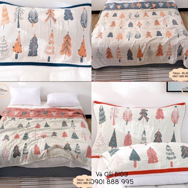 Món quà Noel _ Chăn/Ga/Gối Xô cotton sợi tre Organic dòng Basic_họa tiết cây thông