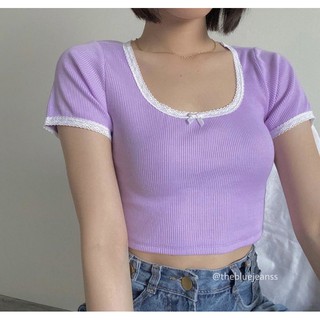 Áo kiểu croptop phối viền ren nơ