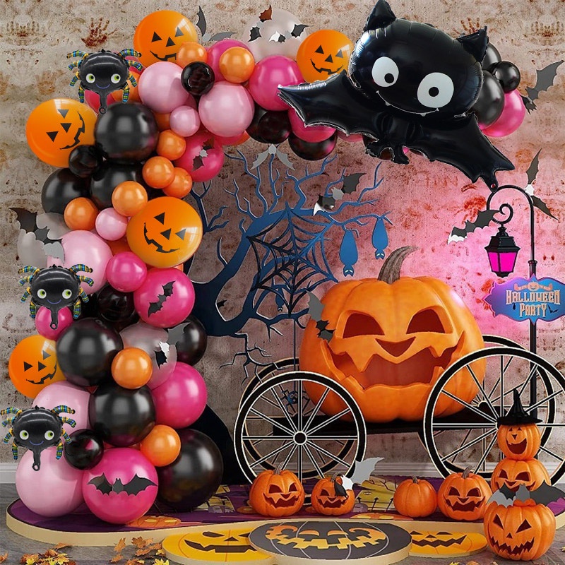 Set 120 Bong Bóng Hình Vòng Hoa Màu Cam Đen Nhện Trang Trí Tiệc halloween Cho Bé