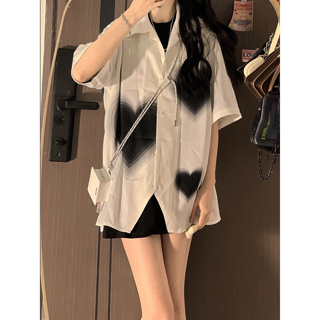 Áo Sơ Mi Tay Ngắn Cổ Polo Dáng Rộng In Họa Tiết Trái Tim Thời Trang Hàn Quốc Cho Nữ