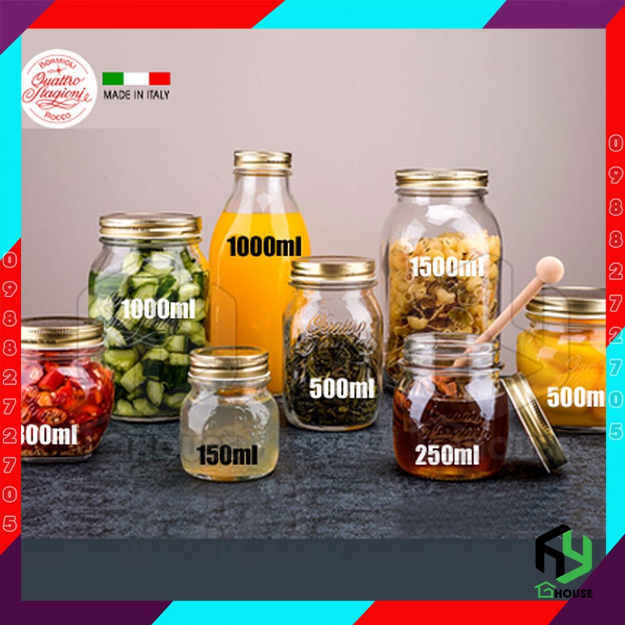Italy - Chai, hũ lọ thủy tinh đựng nước ép, sữa hạt, ngũ cốc nắp vặn Quattro - BORMIOLI ROCCO