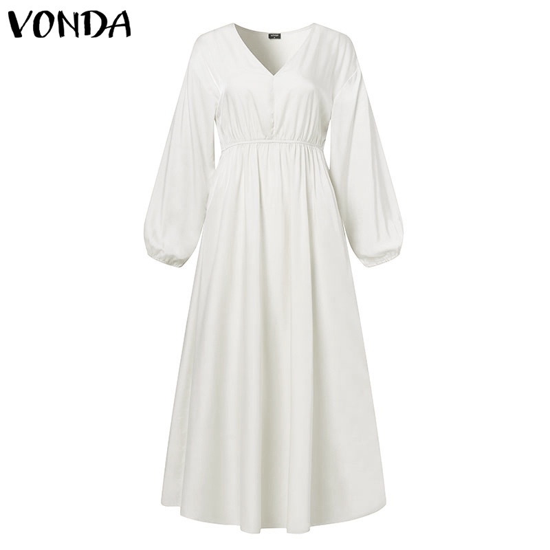 Áo đầm dài VONDA cho nữ thiết kế cổ chữ V trơn màu xếp ly rộng