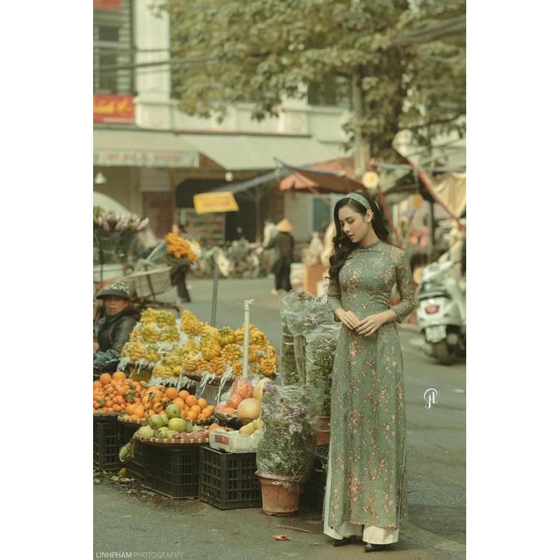 - Bộ Áo Dài Tơ Ép - Màu xanh rêu kèm quần xanh rêu  - Áo 4 tà - Đủ size - 1 Đổi 1