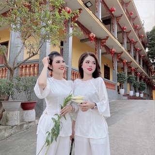Đồ Lam Đi Chùa Bà Ba Chất gấm cổ tròn nút ngọc