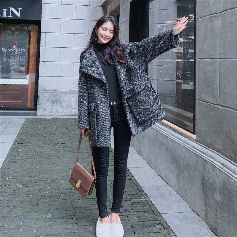 Áo dạ túi hộp cột eo xám tiêu dày dặn, đẹp, hàng thiết kế Quảng Châu, phong cách Hàn Quốc