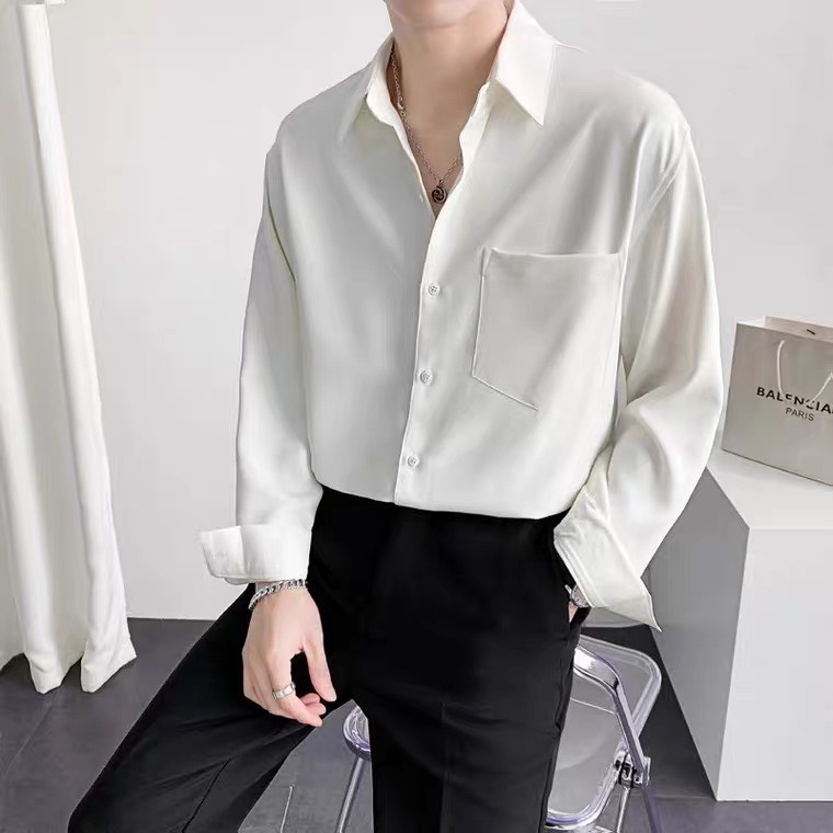 Áo sơ mi nam nữ dài tay Hàn Quốc Unisex Basic trơn from rộng màu trắng và đen Chất lụa mịn mát không nhăn xù chống phai