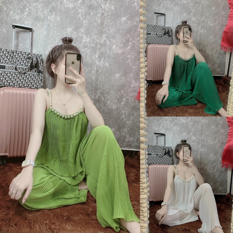 Set Bộ Đồ Nữ Dập Ly Kết Ngọc Cổ Yếm Quần Ống Rộng Cao Cấp