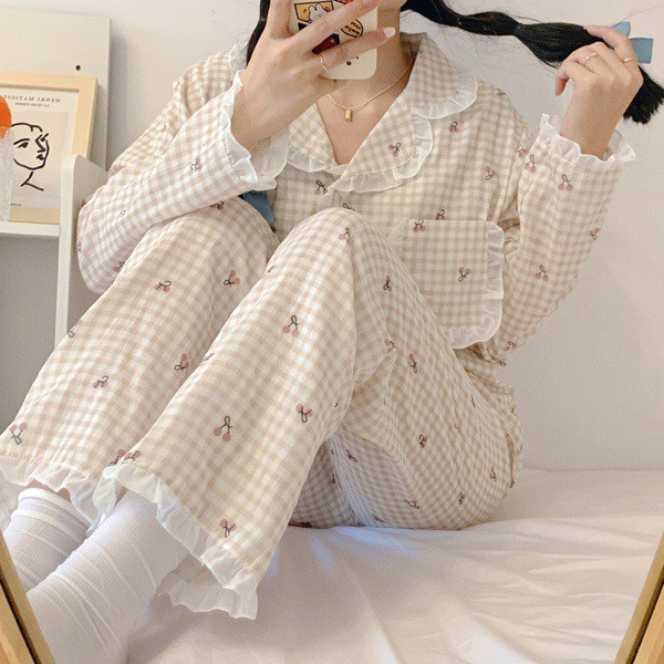 Bộ ngủ pijama dài tay thu đông viền bèo vải cotton