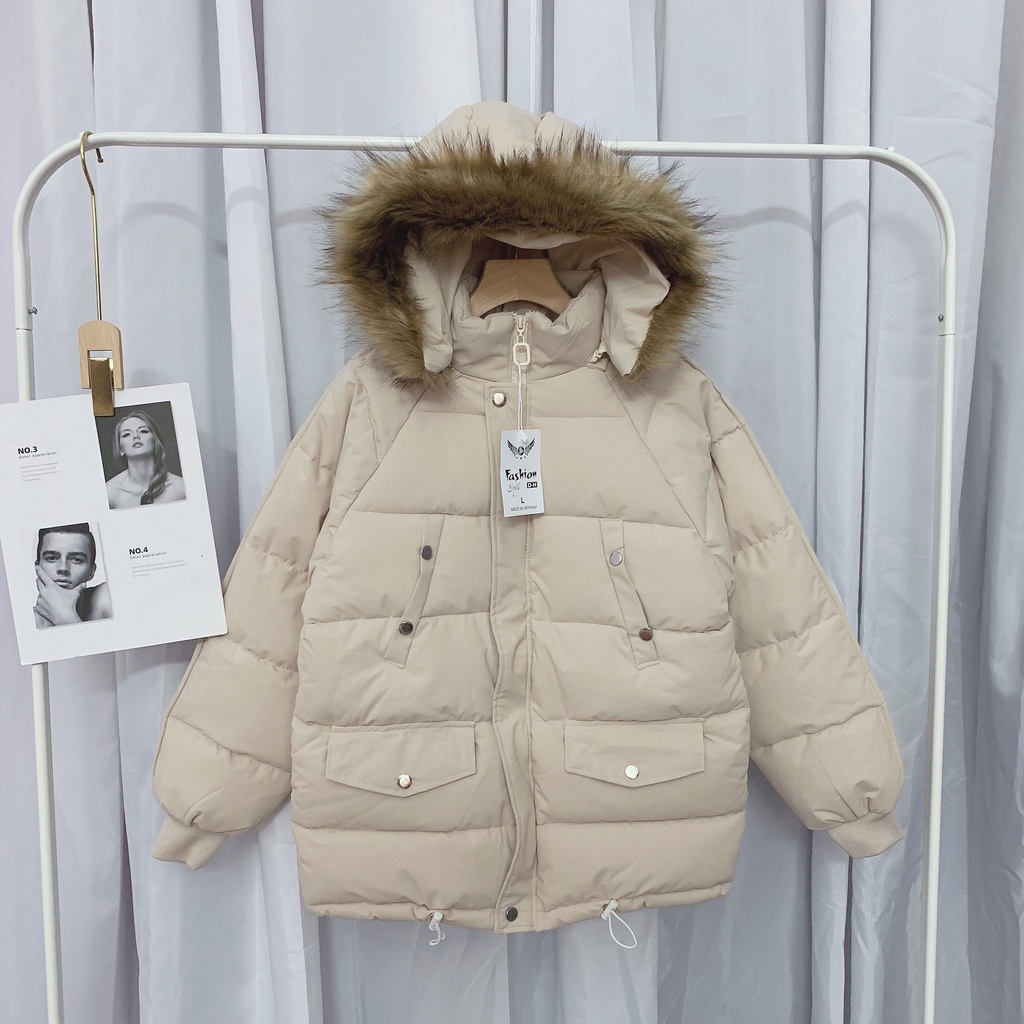 [ảnh thật-sẵn] Áo phao mũ lông nâu túi hộp cúc bấm | BigBuy360 - bigbuy360.vn