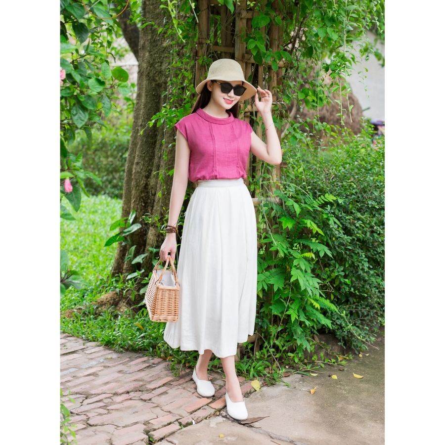 Bộ Đồ Linen Nữ ELVAX Áo Sơ Mi Suông Tay Hến, Chân Váy Dài Chất Lượng Linen Gân Xước