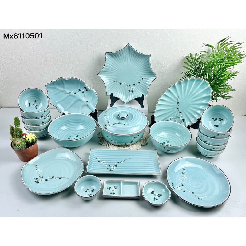 Set bát đĩa men ngọc 23- 25 món. Gốm sứ Bát Tràng cao cấp.