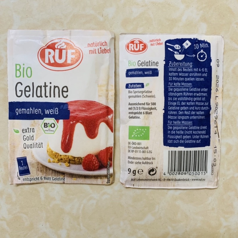 (Date 11/2026) Bột Gelatine hữu cơ Ruf (9g) làm thạch, kẹo dẻo, làm bánh an toàn cho bé