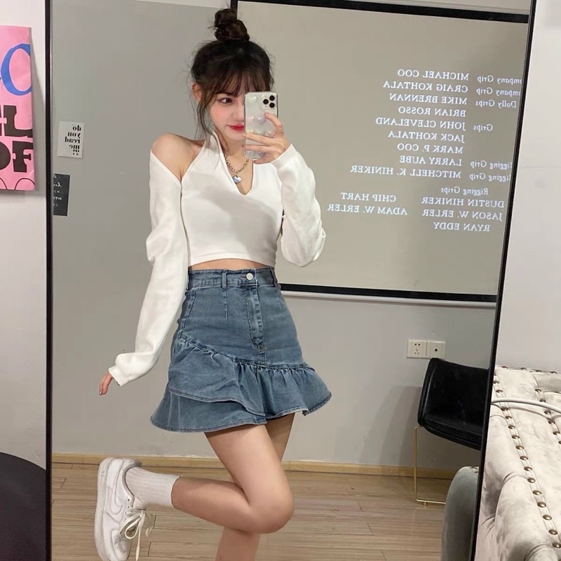 💚 Set khoác trắng + áo croptop cổ yếm + chân váy jean bèo đuôi cá 💚
