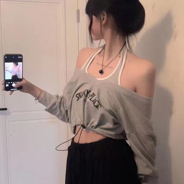 COZOK One set Áo Len Tay Dài Trễ Vai + Áo vest Tông Cộc Tay Cổ Cao Thời Trang Cho Nữ