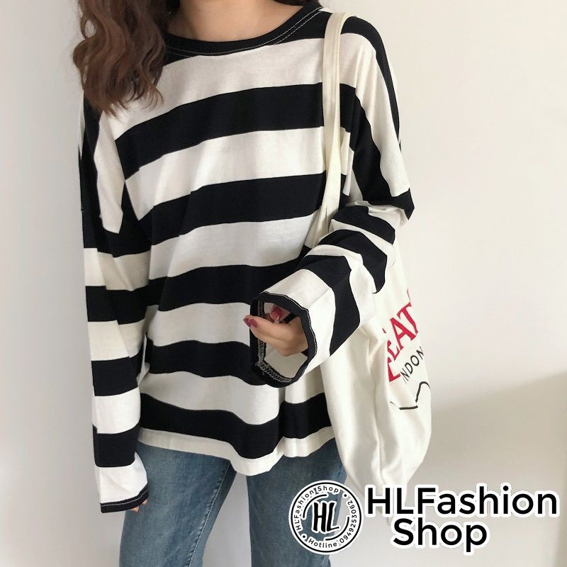 Áo Thun Tay Dài Oversize sọc trắng in vi tính mềm mại | BigBuy360 - bigbuy360.vn
