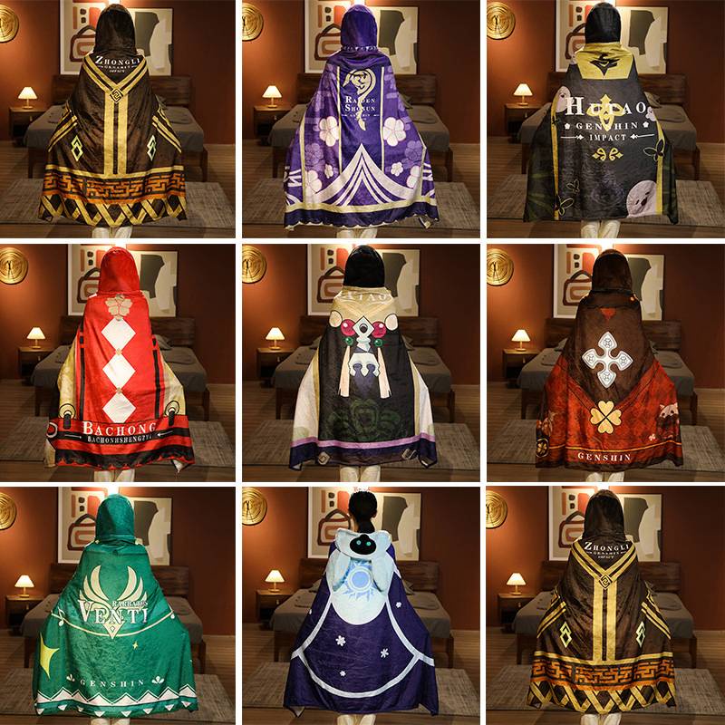 Chăn Vải Flannel Họa Tiết Anime Có Mũ Trùm Thoáng Khí 1Vic Genshin