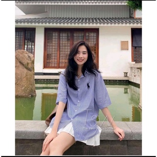 Áo sơ mi kẻ thêu logo cộc tay - Áo sơ mi cổ đức thêu logo ngực