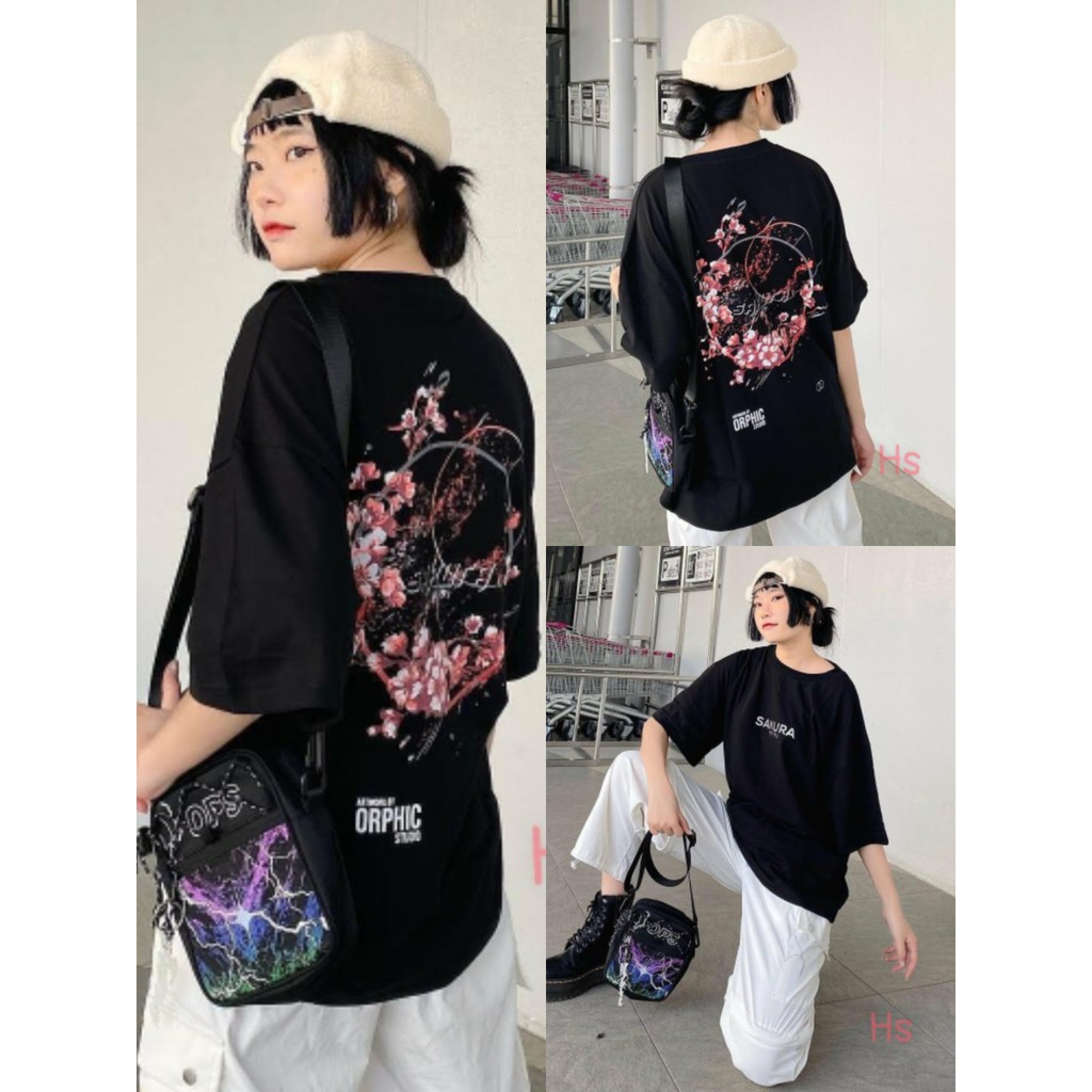 Áo Phông Hoa Anh Đào Unisex , Nam Nữ Dáng Rộng In Chữ Sakura Dáng Rộng Q009
