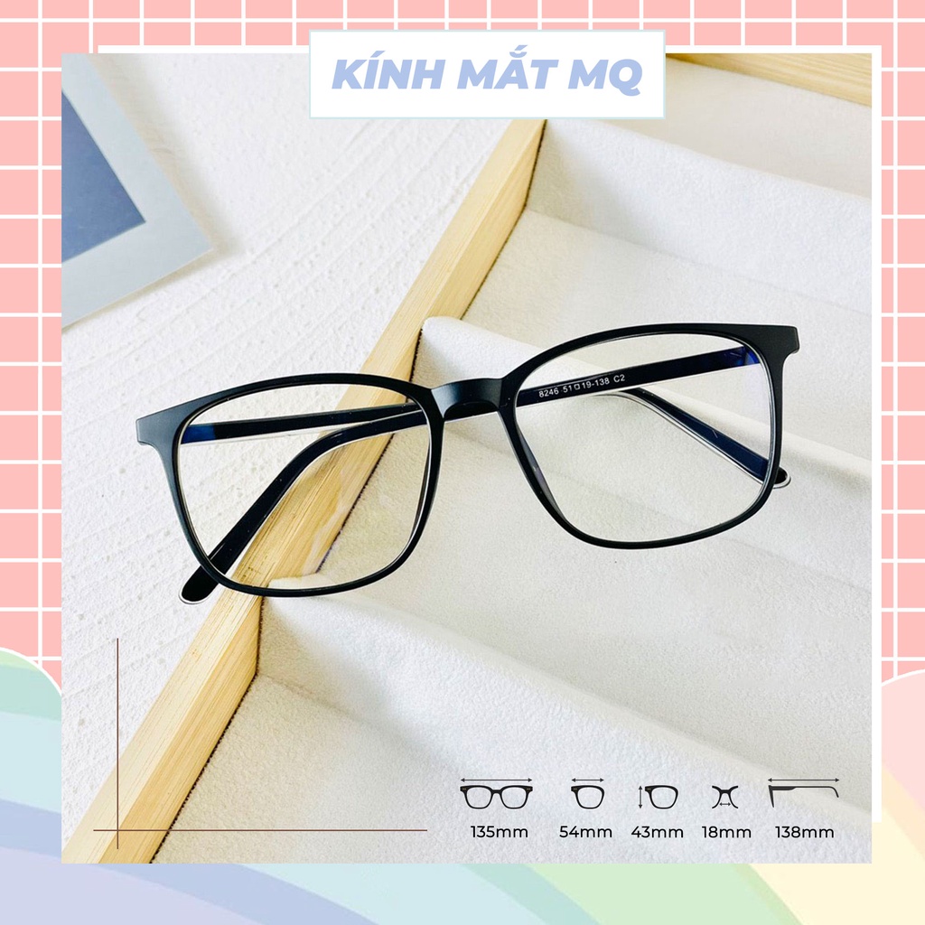 Gọng kính cận nam nữ nhựa dẻo vuông bầu cốt kim loại 8246, Kính mắt MQ nhận lắp cận 0-6 độ