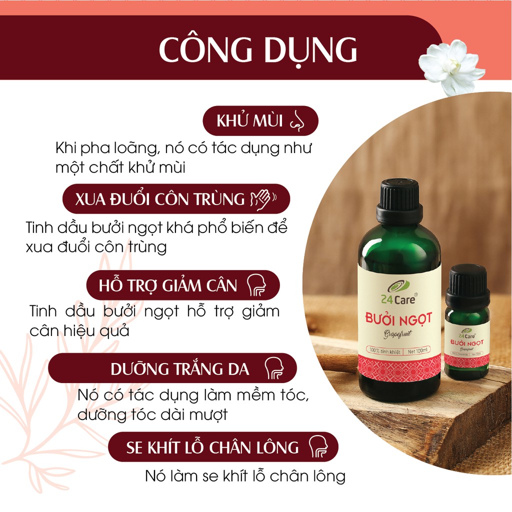 Tinh dầu Bưởi Ngọt 24Care nguồn gốc thiên nhiên - khử mùi, diệt khuẩn, GIẢM CÂN 100ML