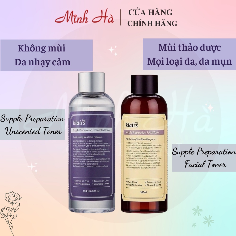 Nước hoa hồng Klairs không mùi Supple Preparation Unscented Toner dưỡng ẩm mềm da 180ml