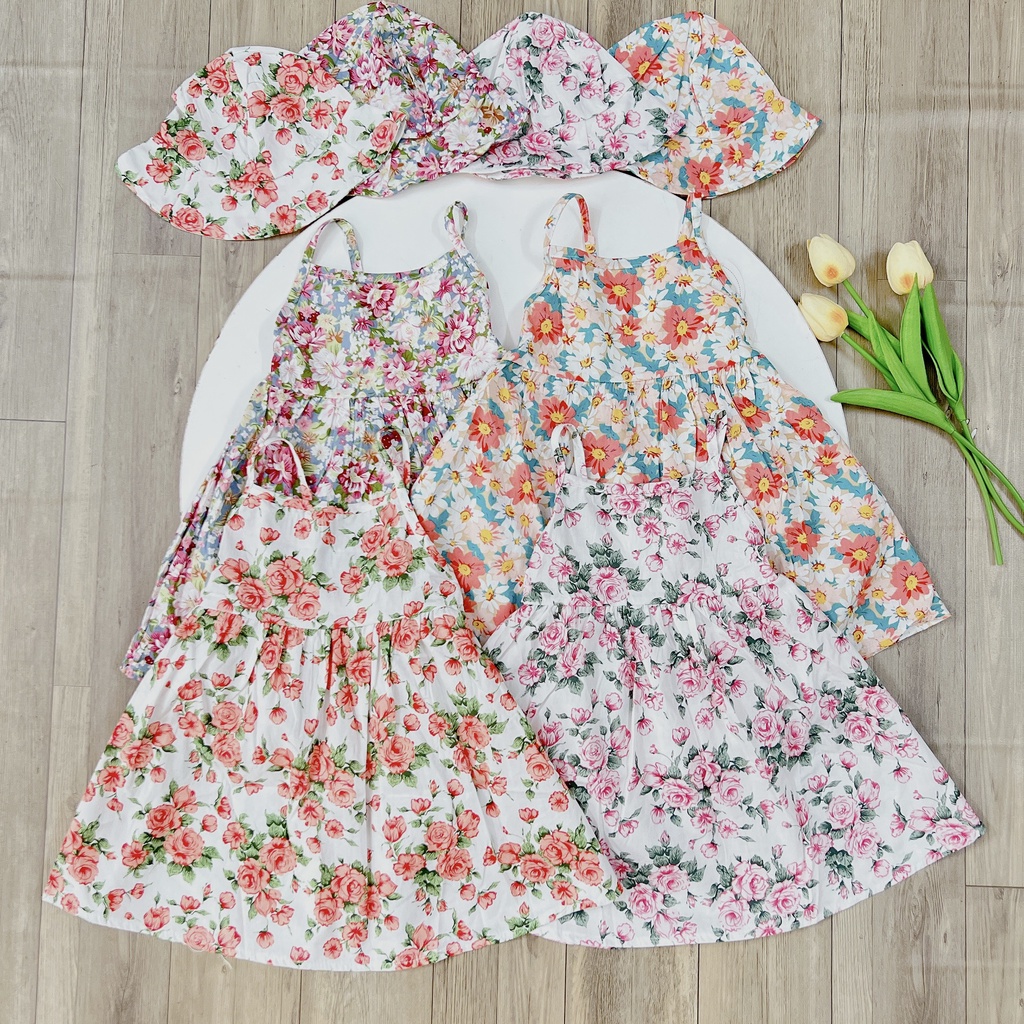 Váy bé gái 2 dây hoa nhí kèm mũ đội 4 mầu XHN1019