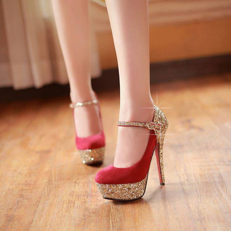 Giày cao gót bít mũi da nhung phối kim tuyến cao cấp - giày nữ cao 12cm 2 màu đen,đỏ nhập khẩu Quảng Châu bao bền đẹp